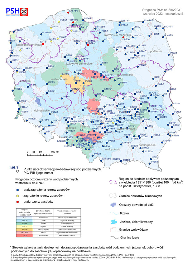 Mapa przedstawiająca prognozę poziomu rezerw wód podziemnych w odniesieniu do najniższego zaobserwowanego w wieloleciu położenia zwierciadła wód (NNG) w czerwcu 2023 r. według scenariusza B