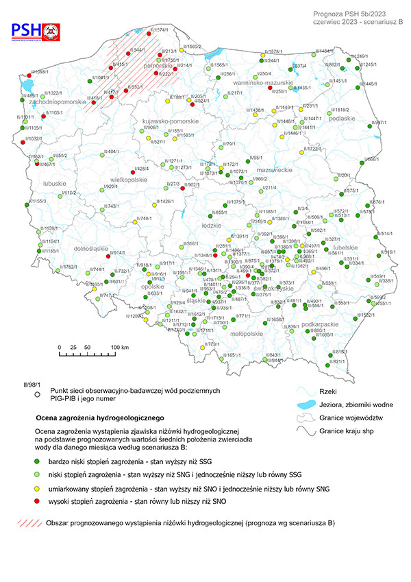 Mapa przedstawiająca prognozę zagrożeń wód podziemnych – występowanie niżówki hydrogeologicznej w czerwcu 2023 r. według scenariusza B