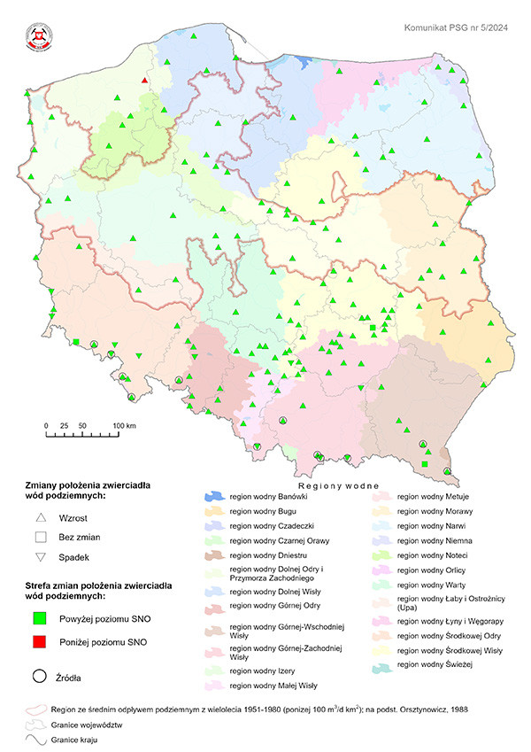 Mapa przedstawiająca zmianę położenia zwierciadła wody podziemnej w objętych analizą punktach sieci obserwacyjno-badawczej wód podziemnych w listopadzie 2023 r. Mapa przedstawiająca zmianę położenia zwierciadła wody podziemnej w objętych analizą punktach sieci obserwacyjno-badawczej wód podziemnych w drugim kwartale roku hydrologicznego 2024 r.