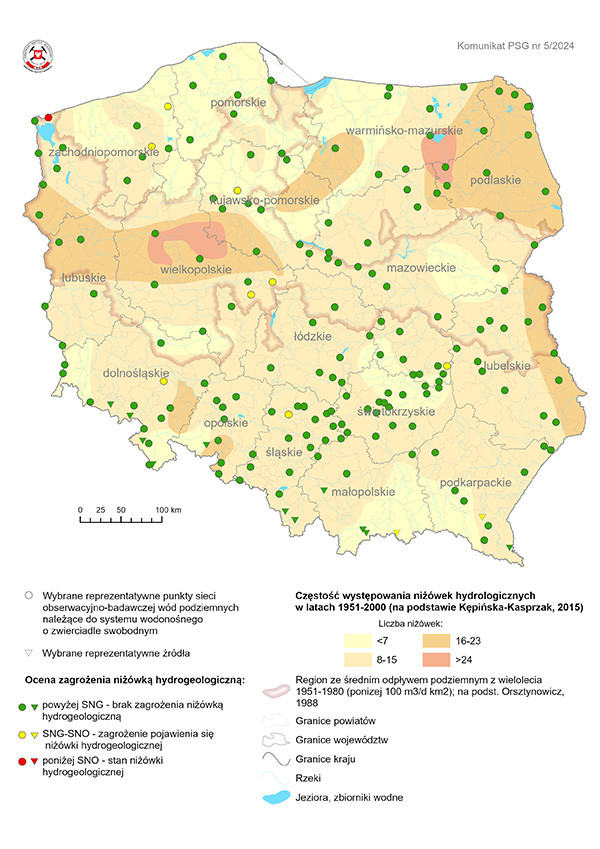 Mapa przedstawiająca ocenę zagrożenia niżówką hydrogeologiczną w listopadzie 2023 r. Mapa przedstawiająca ocenę zagrożenia niżówką hydrogeologiczną w kwietniu 2024 r.