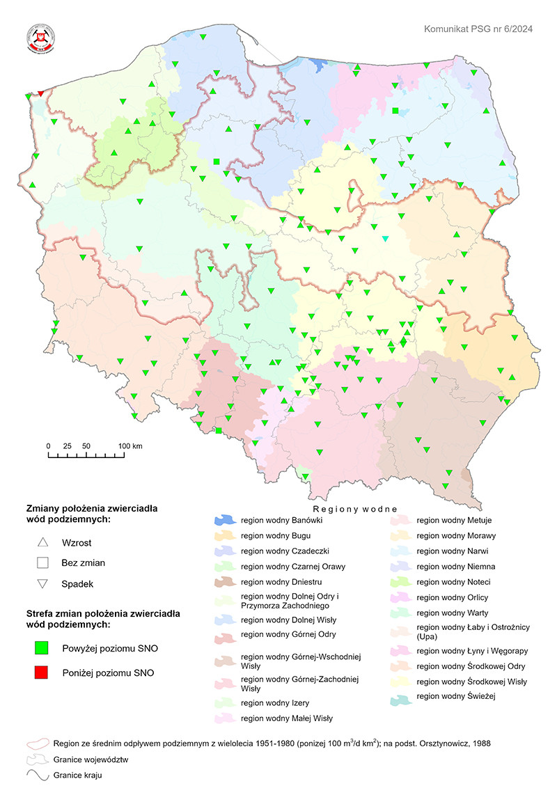 Mapa przedstawiająca zmianę położenia zwierciadła wody podziemnej w objętych analizą punktach sieci obserwacyjno-badawczej wód podziemnych w listopadzie 2023 r. Mapa przedstawiająca zmianę położenia zwierciadła wody podziemnej w objętych analizą punktach sieci obserwacyjno-badawczej wód podziemnych w trzecim kwartale roku hydrogeologicznego 2024 r.