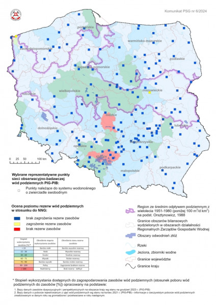 Mapa prezentująca poziom rezerw zasobów wód podziemnych w listopadzie 2023 r. w objętych analizą punktach sieci obserwacyjno-badawczej wód podziemnych Mapa prezentująca poziom rezerw zasobów wód podziemnych w lipcu 2024 r. w objętych analizą punktach sieci obserwacyjno-badawczej wód podziemnych