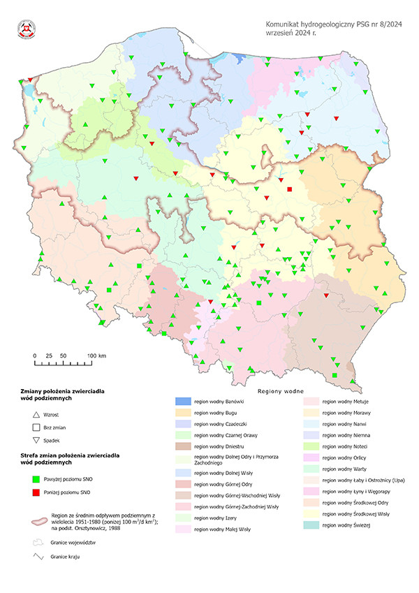 Mapa przedstawiająca zmianę położenia zwierciadła wody podziemnej w objętych analizą punktach sieci obserwacyjno-badawczej wód podziemnych w listopadzie 2023 r. Mapa przedstawiająca zmianę położenia zwierciadła wody podziemnej w objętych analizą punktach sieci obserwacyjno-badawczej wód podziemnych we wrześniu 2024 r.