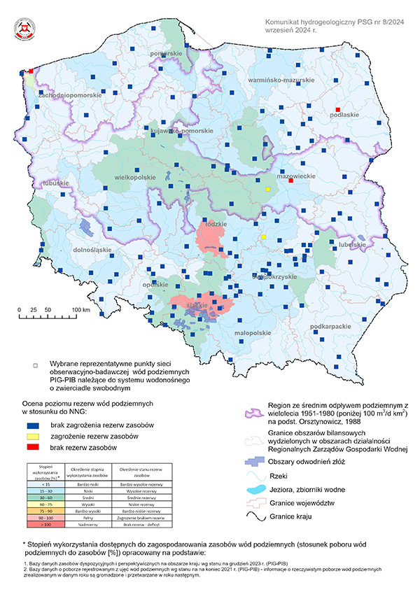 Mapa prezentująca poziom rezerw zasobów wód podziemnych w listopadzie 2023 r. w objętych analizą punktach sieci obserwacyjno-badawczej wód podziemnych Mapa prezentująca poziom rezerw zasobów wód podziemnych we wrześniu 2024 r. w objętych analizą punktach sieci obserwacyjno-badawczej wód podziemnych