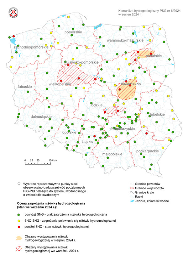 Mapa przedstawiająca ocenę zagrożenia niżówką hydrogeologiczną w listopadzie 2023 r. Mapa przedstawiająca ocenę zagrożenia niżówką hydrogeologiczną we wrześniu 2024 r.