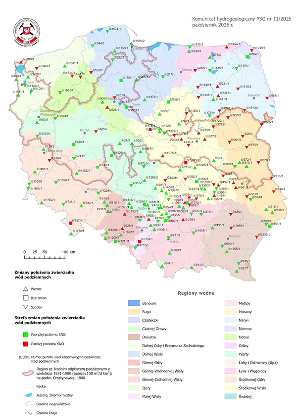 Mapa przestawiająca zmianę położenia zwierciadła wody podziemnej w objętych analizą punktach sieci obserwacyjno-badawczej wód podziemnych w październiku 2025 r.