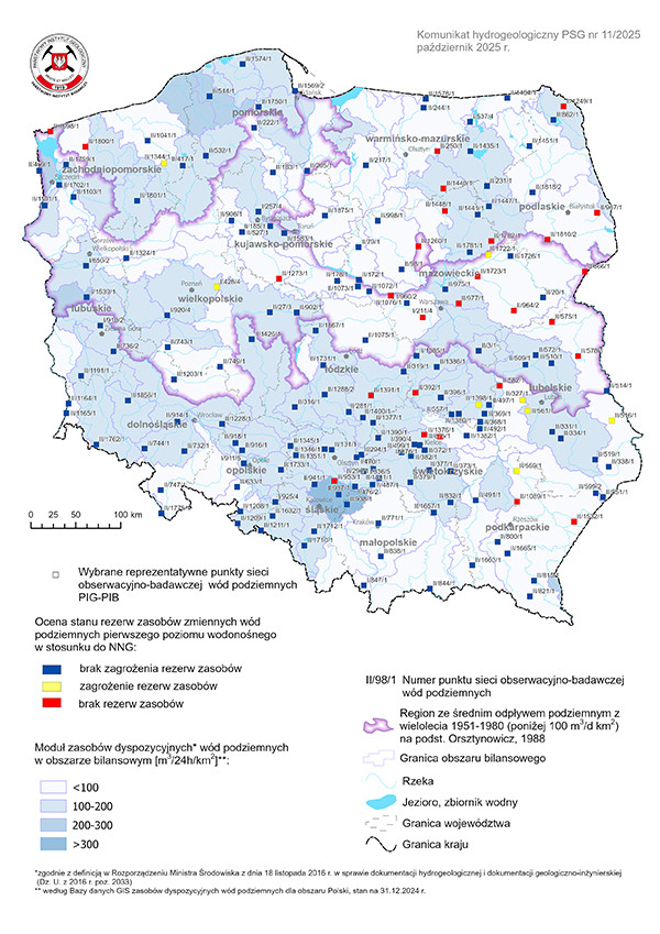 Mapa przestawiająca poziom rezerw zasobów wód podziemnych w październiku 2025 r. w objętych analizą punktach sieci obserwacyjno-badawczej wód podziemnych