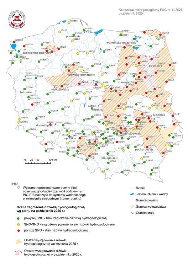 Mapa przedstawiająca ocenę zagrożenia niżówką hydrogeologiczną w październiku 2025 r.