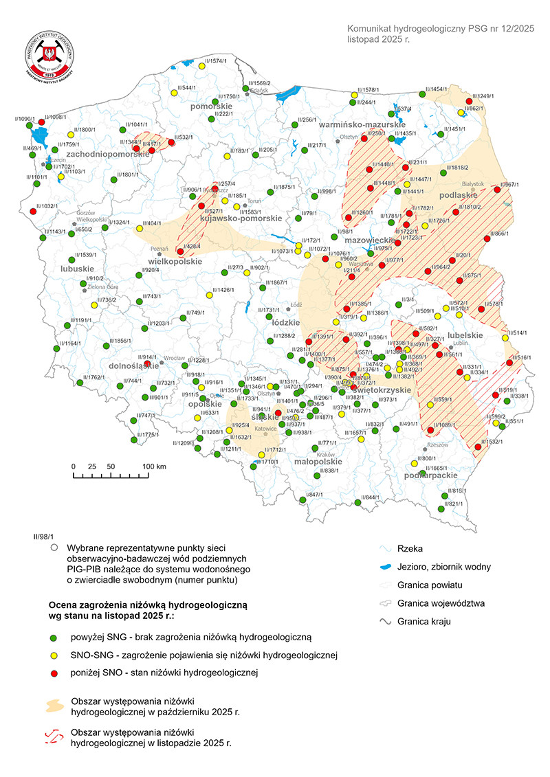 Mapa przedstawiająca ocenę zagrożenia niżówką hydrogeologiczną w listopadzie 2025 r.