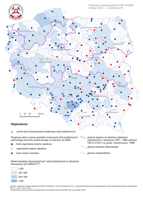 Mapa przedstawiająca prognozę poziomu rezerw wód podziemnych na listopad 2025 r. według scenariusza B w odniesieniu do najniższego zaobserwowanego w wieloleciu położenia zwierciadła wód (NNG)