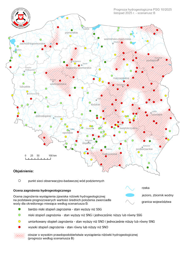 Mapa przedstawiająca prognozę zagrożeń wód podziemnych - występowanie niżówki hydrogeologicznej w okresie 1-30.11.2025 r. według scenariusza B