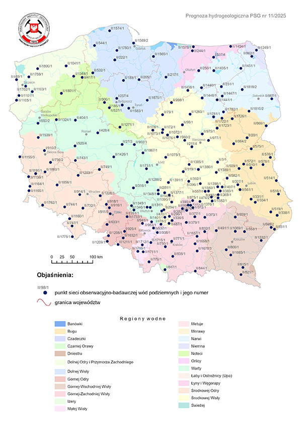 Mapa przedstawiająca lokalizację punktów sieci obserwacyjno-badawczej wód podziemnych, dla których wykonano symulacje rozwoju sytuacji hydrogeologicznej