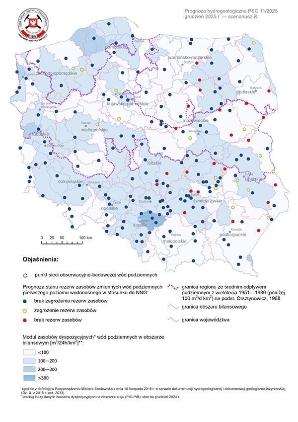 Mapa przedstawiająca prognozę poziomu rezerw wód podziemnych na grudzień 2025 r. według scenariusza B w odniesieniu do najniższego zaobserwowanego w wieloleciu położenia zwierciadła wód (NNG)