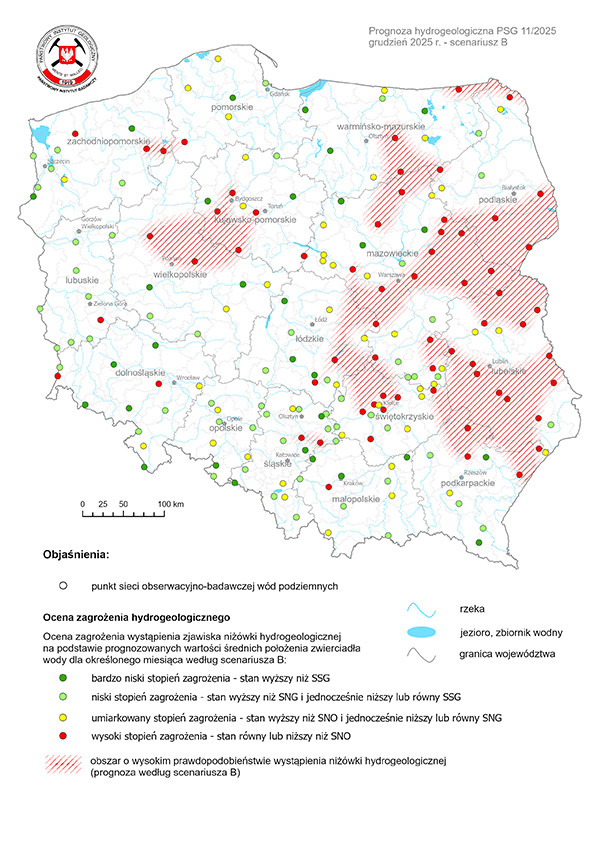 Mapa przedstawiająca prognozę zagrożeń wód podziemnych - występowanie niżówki hydrogeologicznej w okresie 1-31.12.2025 r. według scenariusza B