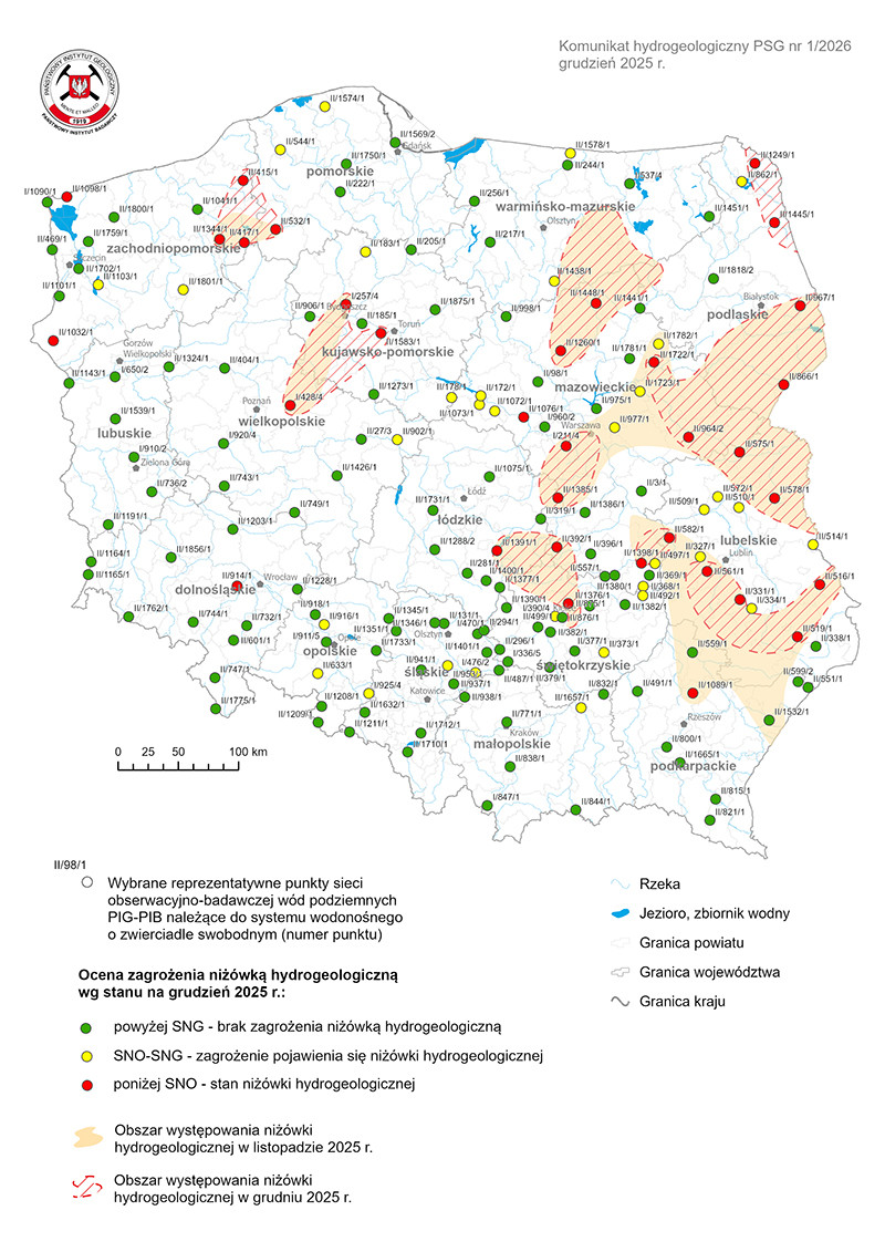 Mapa przedstawiająca ocenę zagrożenia niżówką hydrogeologiczną w grudniu 2025 r.