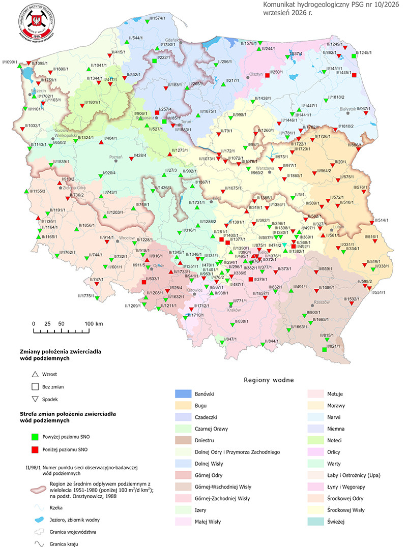 Mapa przestawiająca zmianę położenia zwierciadła wody podziemnej w objętych analizą punktach sieci obserwacyjno-badawczej wód podziemnych we wrześniu 2026 r.