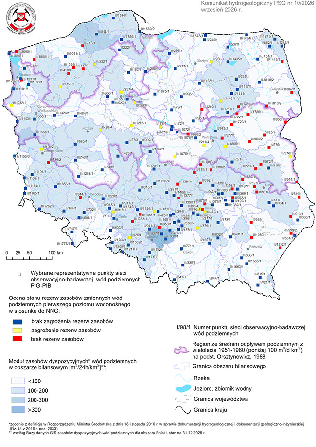 Mapa przestawiająca poziom rezerw zasobów wód podziemnych we wrześniu 2026 r. w objętych analizą punktach sieci obserwacyjno-badawczej wód podziemnych