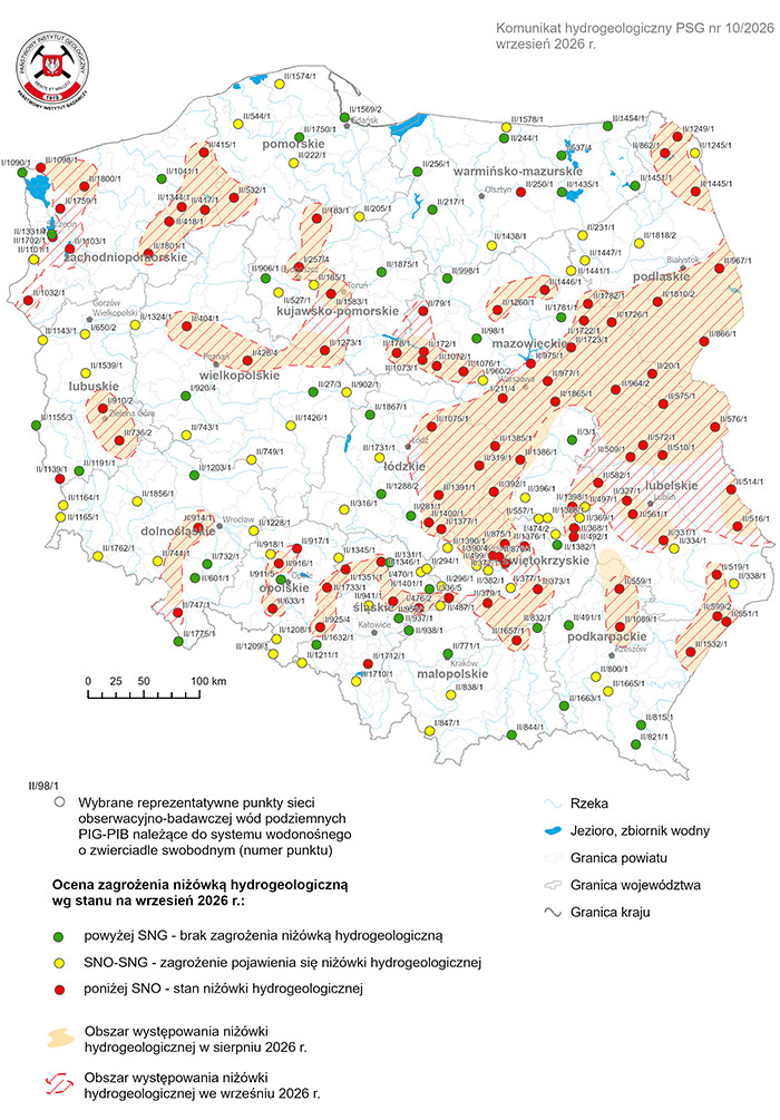 Mapa przedstawiająca ocenę zagrożenia niżówką hydrogeologiczną we wrześniu 2026 r.