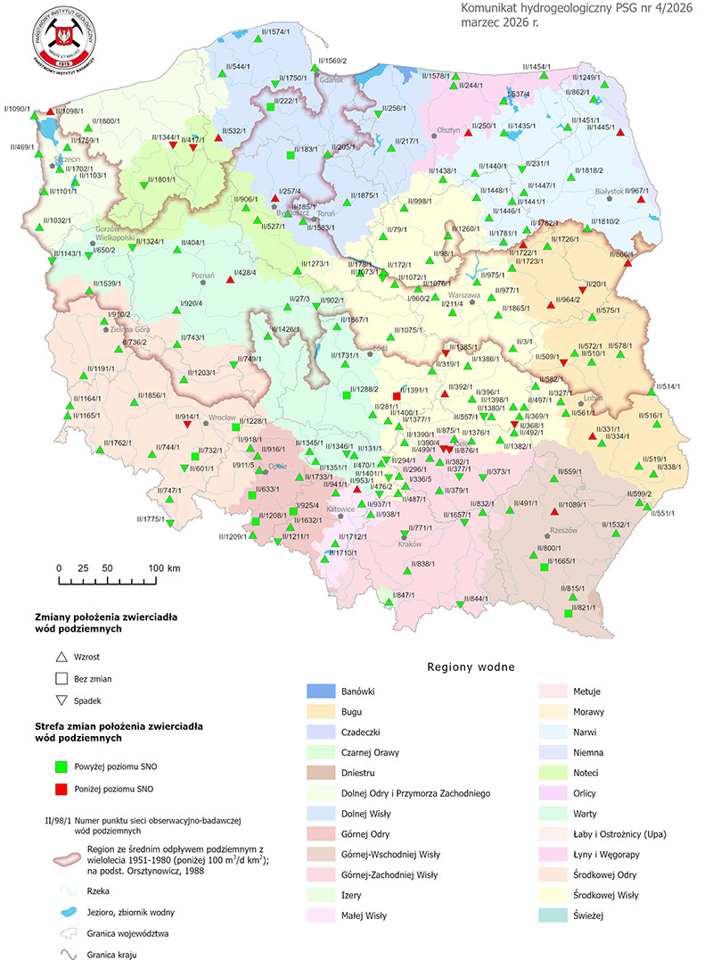 Mapa przestawiająca zmianę położenia zwierciadła wody podziemnej w objętych analizą punktach sieci obserwacyjno-badawczej wód podziemnych w marcu 2026 r.
