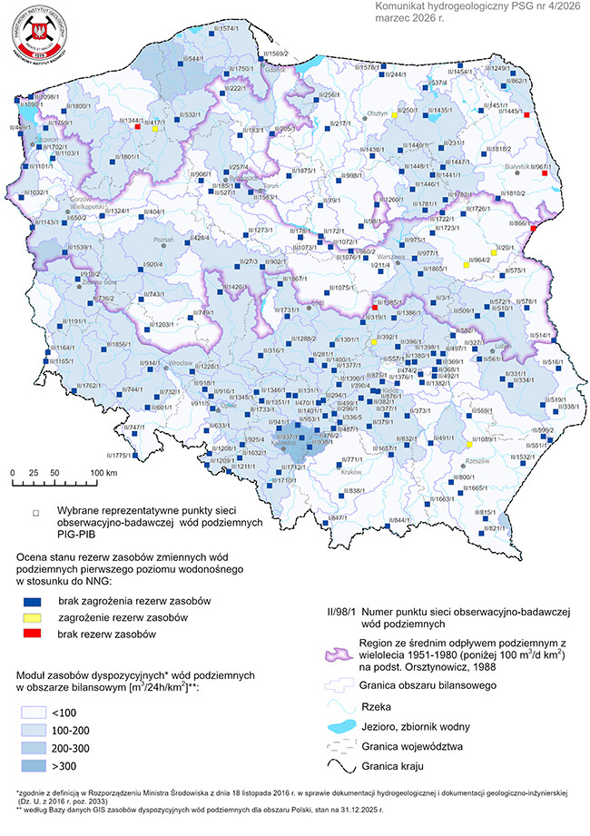Mapa przestawiająca poziom rezerw zasobów wód podziemnych w marcu 2026 r. w objętych analizą punktach sieci obserwacyjno-badawczej wód podziemnych