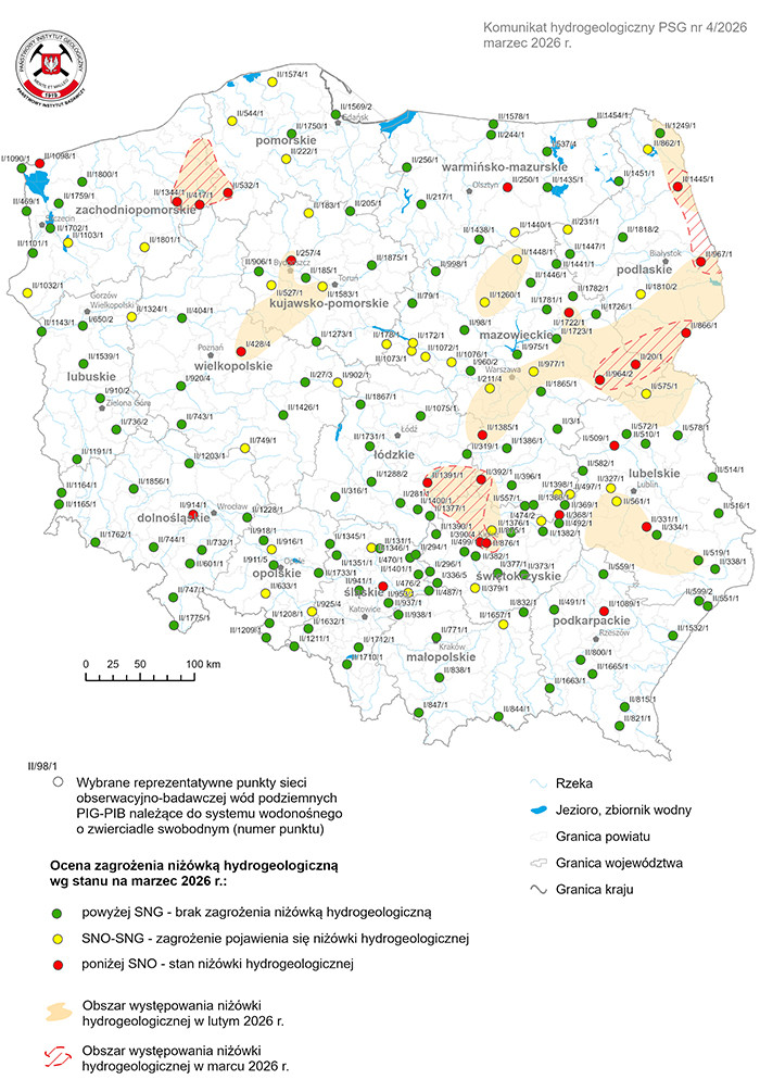 Mapa przedstawiająca ocenę zagrożenia niżówką hydrogeologiczną w marcu 2026 r.