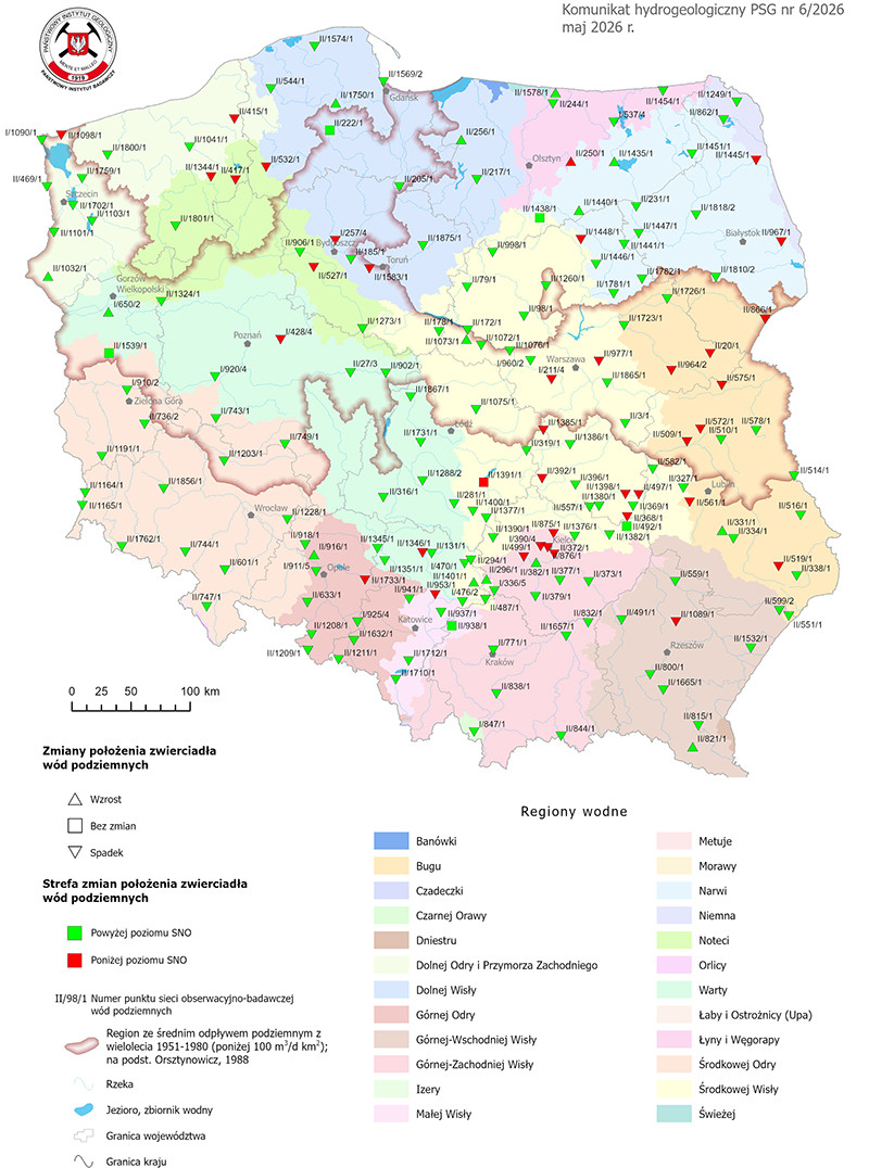 Mapa przestawiająca zmianę położenia zwierciadła wody podziemnej w objętych analizą punktach sieci obserwacyjno-badawczej wód podziemnych w maju 2026 r.