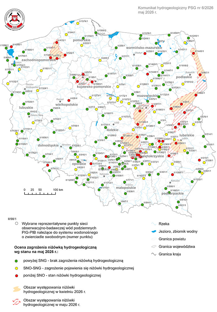 Mapa przedstawiająca ocenę zagrożenia niżówką hydrogeologiczną w maju 2026 r.