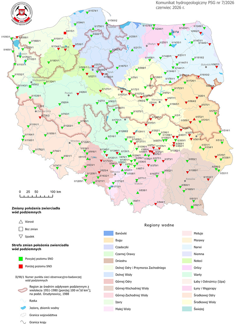 Mapa przestawiająca zmianę położenia zwierciadła wody podziemnej w objętych analizą punktach sieci obserwacyjno-badawczej wód podziemnych w czerwcu 2026 r.