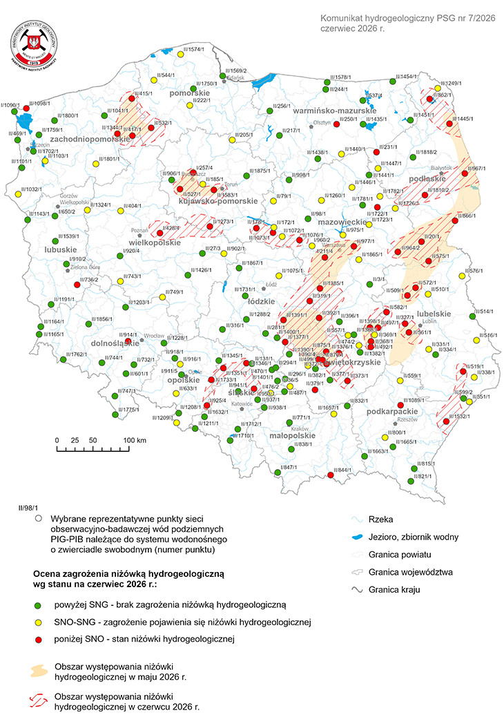 Mapa przedstawiająca ocenę zagrożenia niżówką hydrogeologiczną w czerwcu 2026 r.