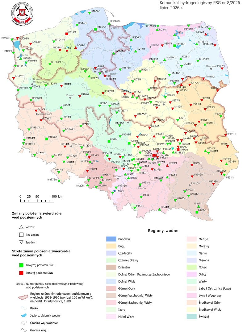 Mapa przestawiająca zmianę położenia zwierciadła wody podziemnej w objętych analizą punktach sieci obserwacyjno-badawczej wód podziemnych w lipcu 2026 r.