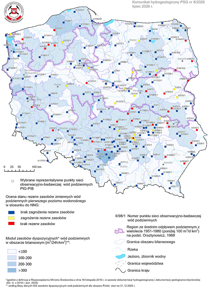 Mapa przestawiająca poziom rezerw zasobów wód podziemnych w lipcu 2026 r. w objętych analizą punktach sieci obserwacyjno-badawczej wód podziemnych
