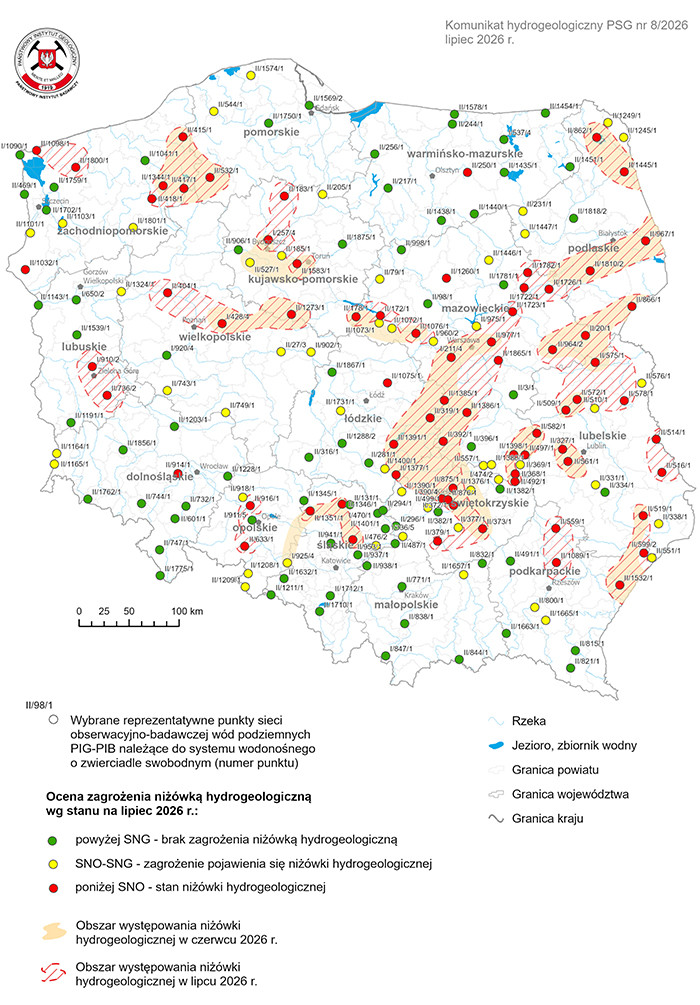Mapa przedstawiająca ocenę zagrożenia niżówką hydrogeologiczną w lipcu 2026 r.