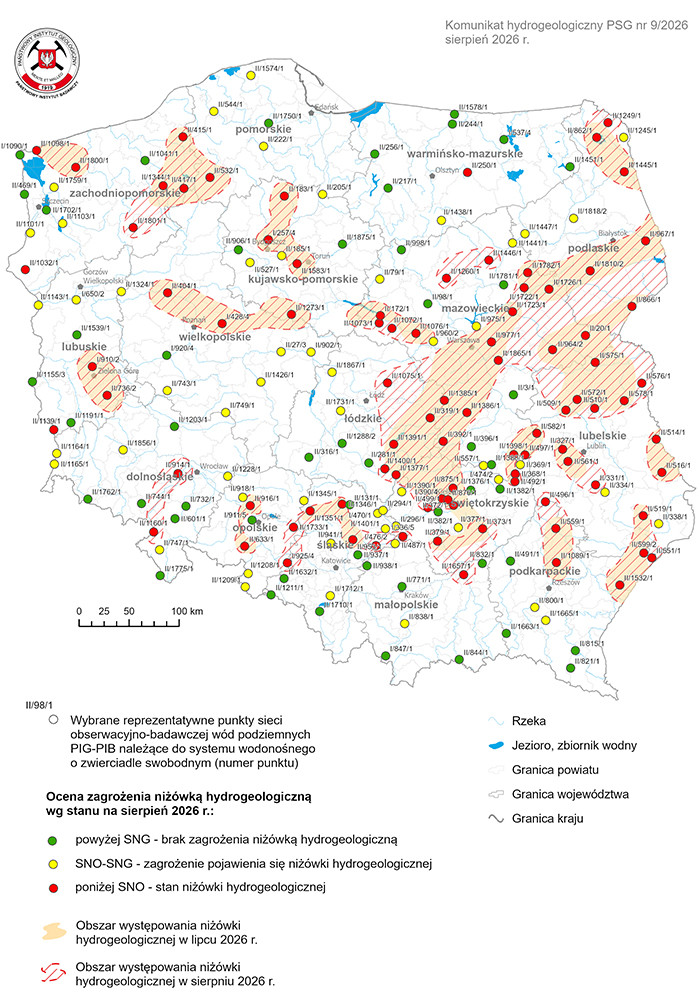 Mapa przedstawiająca ocenę zagrożenia niżówką hydrogeologiczną w sierpniu 2026 r.