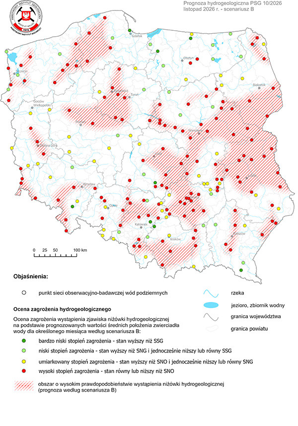 Mapa przedstawiająca prognozę zagrożeń wód podziemnych - występowanie niżówki hydrogeologicznej w okresie 1-30.11.2026 r. według scenariusza B