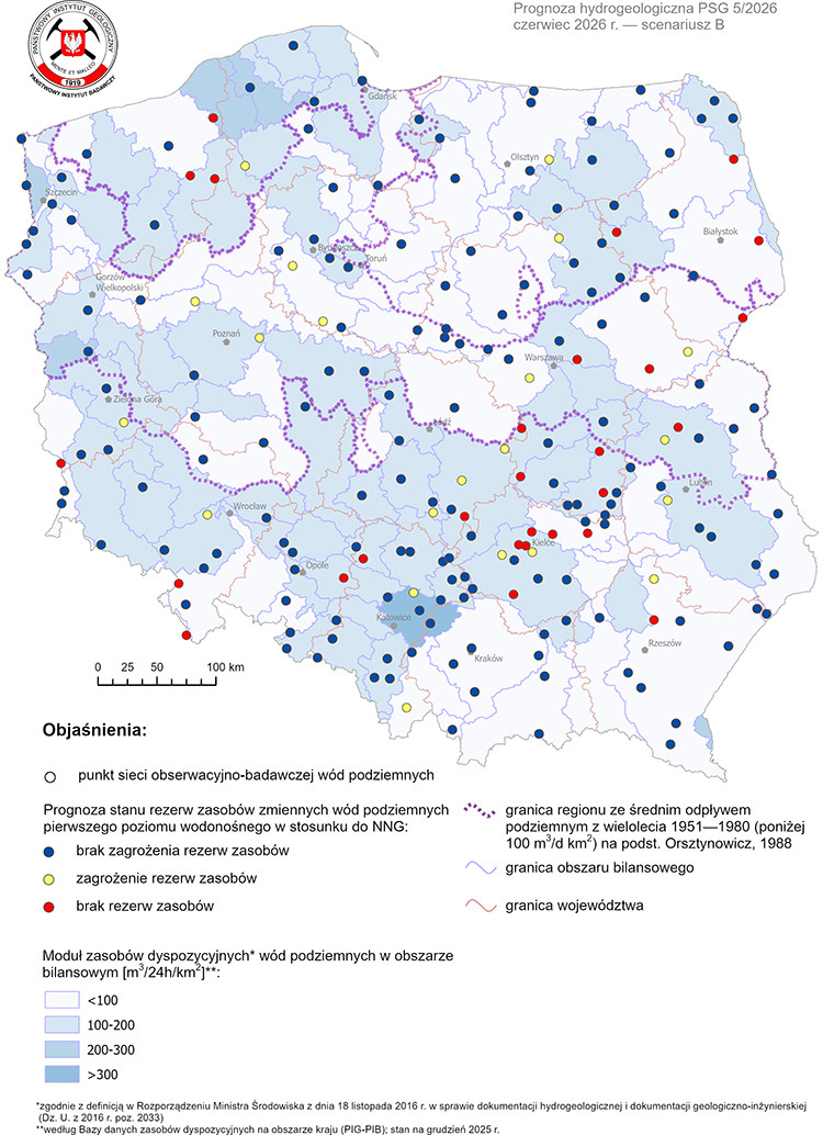 Mapa przedstawiająca prognozę poziomu rezerw wód podziemnych na czerwiec 2026 r. według scenariusza B w odniesieniu do najniższego zaobserwowanego w wieloleciu położenia zwierciadła wód (NNG)