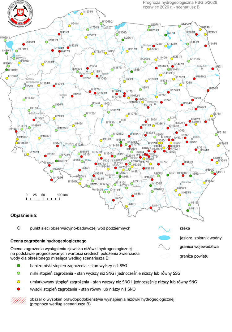 Mapa przedstawiająca prognozę zagrożeń wód podziemnych - występowanie niżówki hydrogeologicznej w okresie 1-30.06.2026 r. według scenariusza B