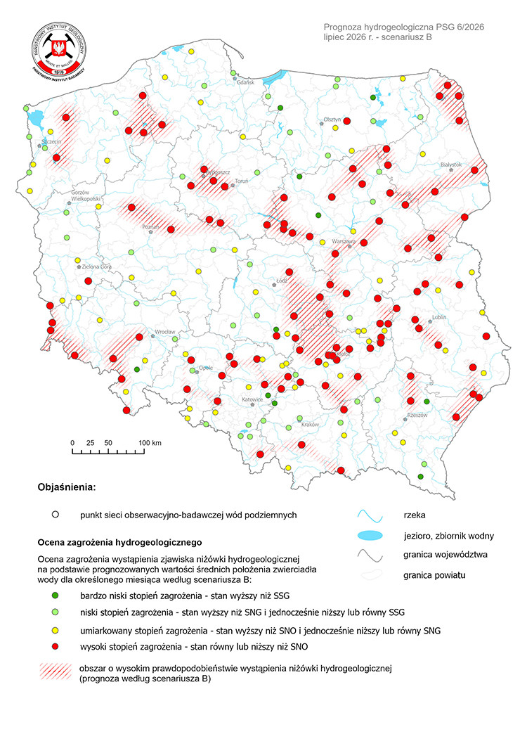 Mapa przedstawiająca prognozę zagrożeń wód podziemnych - występowanie niżówki hydrogeologicznej w okresie 1-31.07.2026 r. według scenariusza B