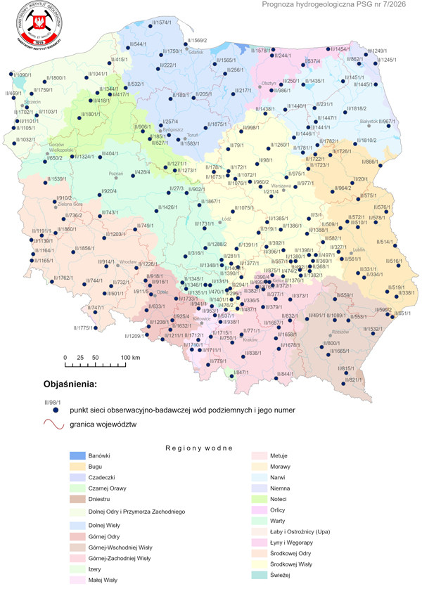 Mapa przedstawiająca lokalizację punktów sieci obserwacyjno-badawczej wód podziemnych, dla których wykonano symulacje rozwoju sytuacji hydrogeologicznej