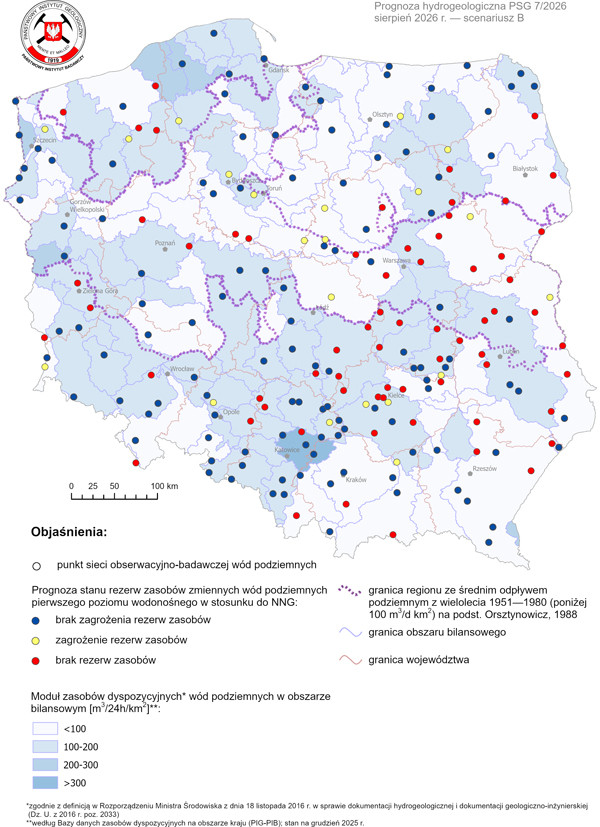 Mapa przedstawiająca prognozę poziomu rezerw wód podziemnych na sierpień 2026 r. według scenariusza B w odniesieniu do najniższego zaobserwowanego w wieloleciu położenia zwierciadła wód (NNG)