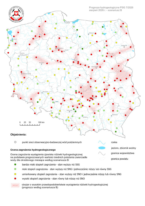 Mapa przedstawiająca prognozę zagrożeń wód podziemnych - występowanie niżówki hydrogeologicznej w okresie 1-31.07.2026 r. według scenariusza B