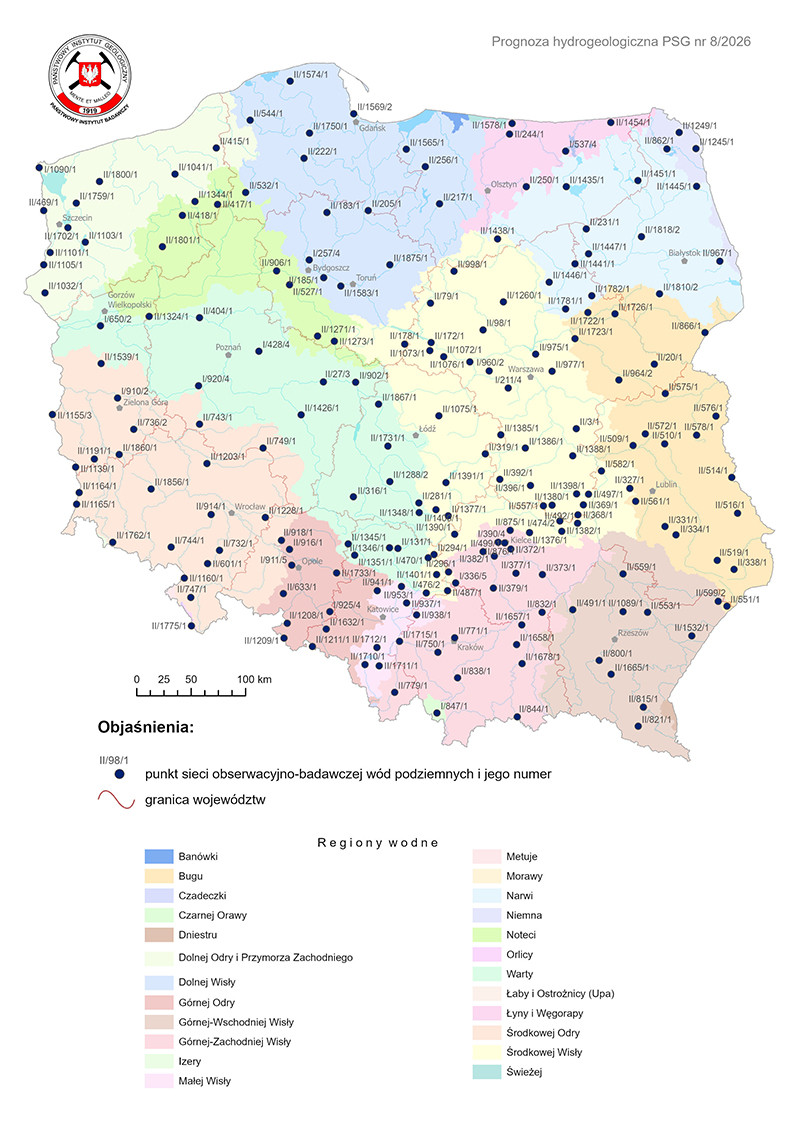 Mapa przedstawiająca lokalizację punktów sieci obserwacyjno-badawczej wód podziemnych, dla których wykonano symulacje rozwoju sytuacji hydrogeologicznej