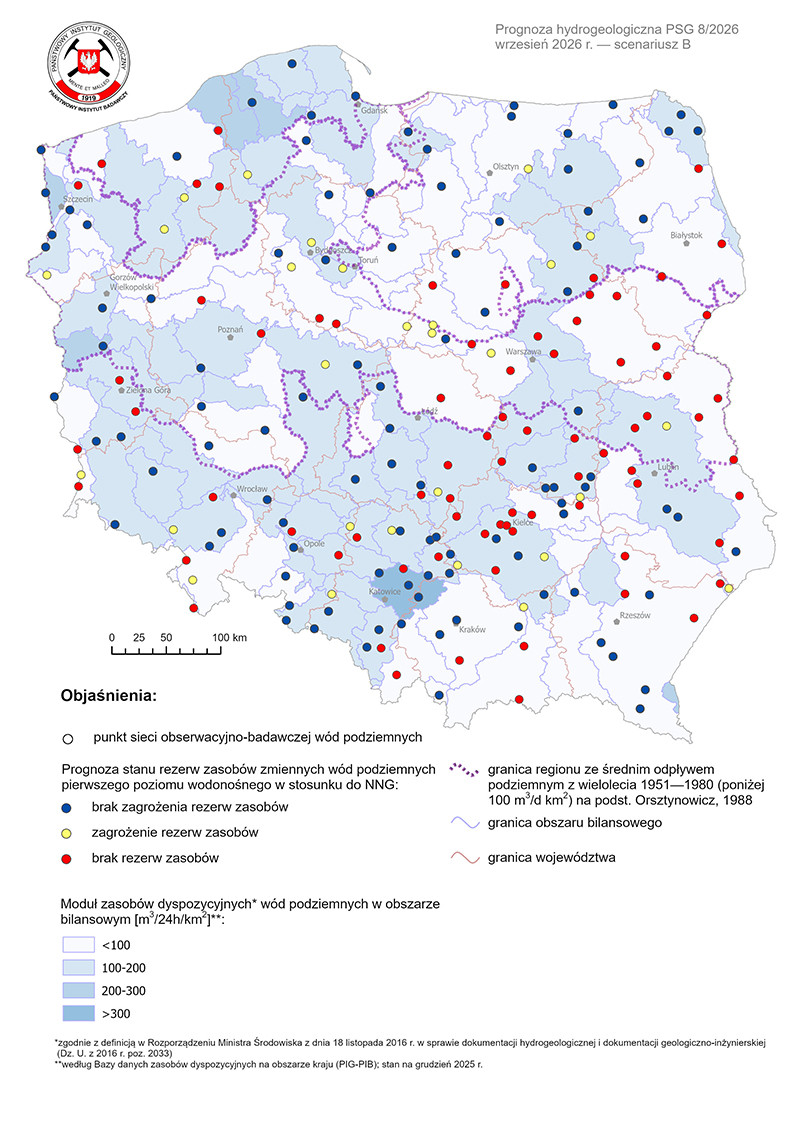 Mapa przedstawiająca prognozę poziomu rezerw wód podziemnych na wrzesień 2026 r. według scenariusza B w odniesieniu do najniższego zaobserwowanego w wieloleciu położenia zwierciadła wód (NNG)
