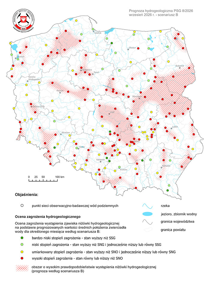 Mapa przedstawiająca prognozę zagrożeń wód podziemnych - występowanie niżówki hydrogeologicznej w okresie 1-30.09.2026 r. według scenariusza B