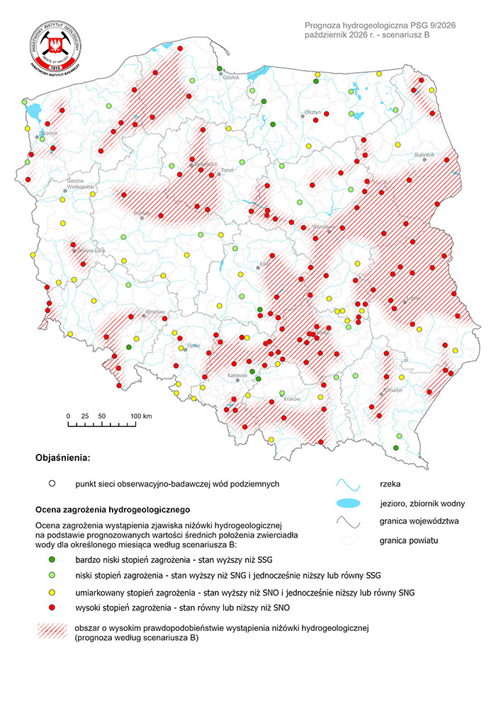 Mapa przedstawiająca prognozę zagrożeń wód podziemnych - występowanie niżówki hydrogeologicznej w okresie 1-31.10.2026 r. według scenariusza B