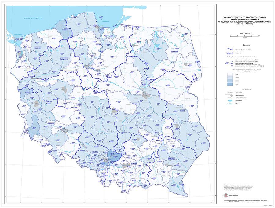 Ryc. 3. Rozkład wielkości dostępnych zasobów wód podziemnych w JCWPd, stan na 31.12.2025 r. 