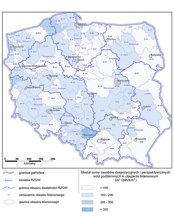 Ryc. 2. Rozkład wielkości zasobów dyspozycyjnych (lokalnie perspektywicznych) w obszarach bilansowych wód podziemnych, stan na 31.12.2023 r.