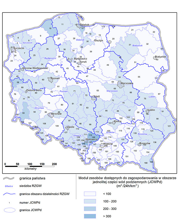 Ryc. 3. Rozkład wielkości dostępnych zasobów wód podziemnych w JCWPd, stan na 31.12.2023 r. 