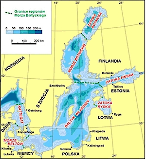 Morze Bałtyckie o powierzchni 415 266 km2 i średniej głębokości 52 m, dzieli się ze względu na ukształtowanie linii brzegowej i rzeźbę dna na siedem regionów: Zatokę Botnicką, Morze Botnickie, Zatokę Fińską, Zatokę Ryską, Bałtyk Właściwy, Morze Bełtów (Cieśniny Duńskie) i Kattegat