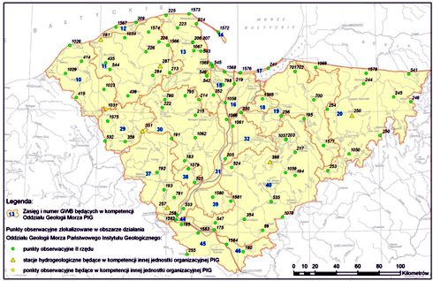 Rys. 2. Punkty sieci obserwacyjno-badawczej wód podziemnych zlokalizowane w obszarze działania Oddziału Geologii Morza PIG