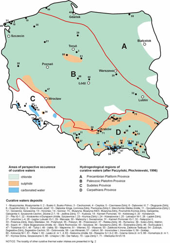 Occurrence of particular chemical types of curative and mineralised waters